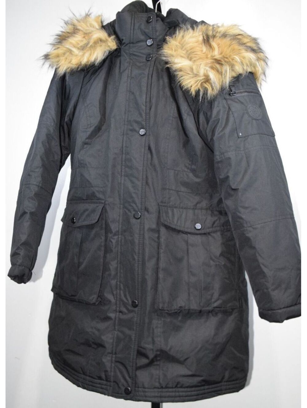 Madden Girl Women's Medium Black Faux Fur Hood Long Parka Coat Snap Pockets